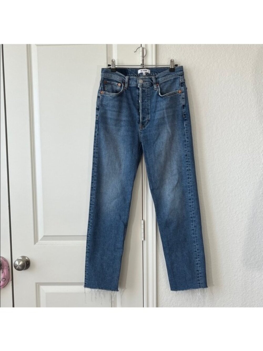 Re/Done Straight Denim High Rise Fringe Raw Cut Hem Jeans
